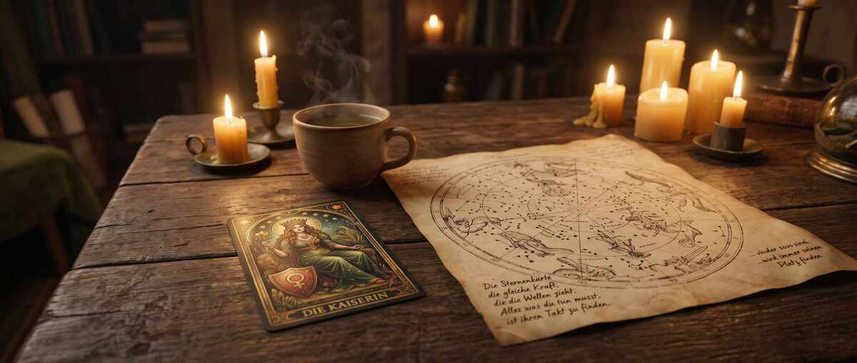 Eine geheimnisvolle Karte liegt auf einem alten Holztisch. Daneben eine Tarotkarte "Die Kaiserin". Mystische Athmosphäre.