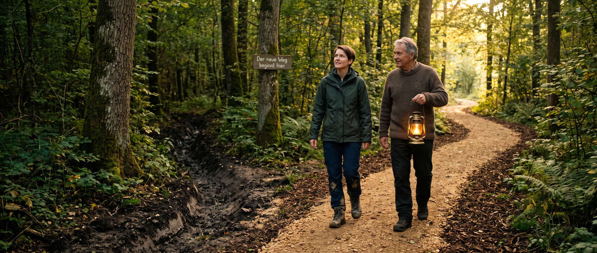 Zwei Menschen auf einem Waldweg, neben ihnen ist ein Schild "Der neue Weg beginnt hier.".