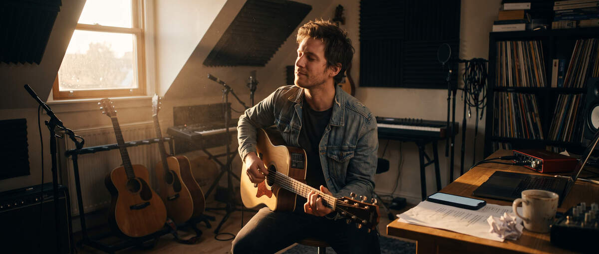 Ein Musiker spielt seine Gitarre. Sein Gesicht zeigt deutlich, wie er es geniesst - das Handy liegt daneben auf dem Tisch, hat aber keine Aufmerksamkeit vom Musiker.
