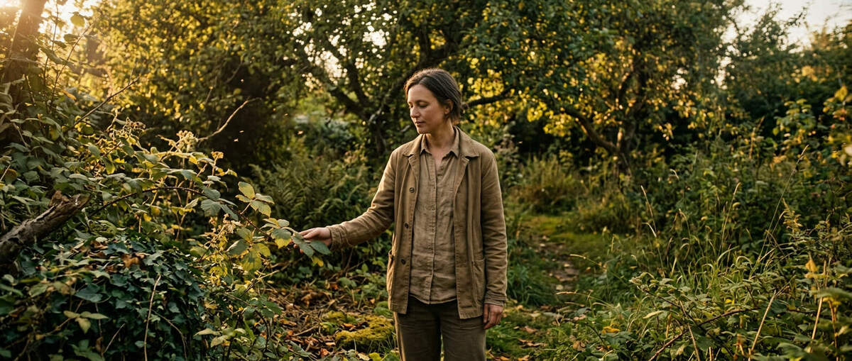 Eine Frau steht in einem wilden Garten, berührt die Pflanzen und strahlt Zufriedenheit aus.