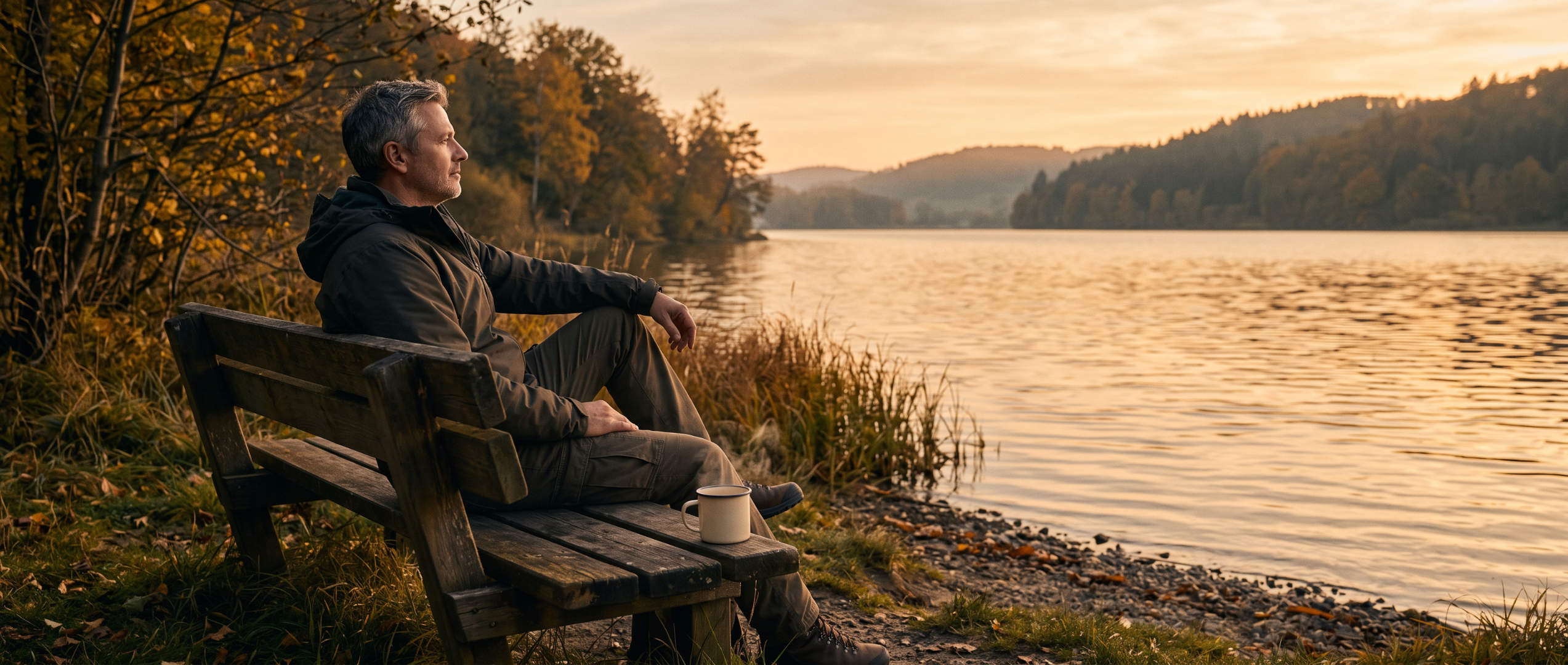 Eine einzelne Person sitzt entspannt auf einer Bank an einem ruhigen See im warmen Abendlicht ohne Handy.