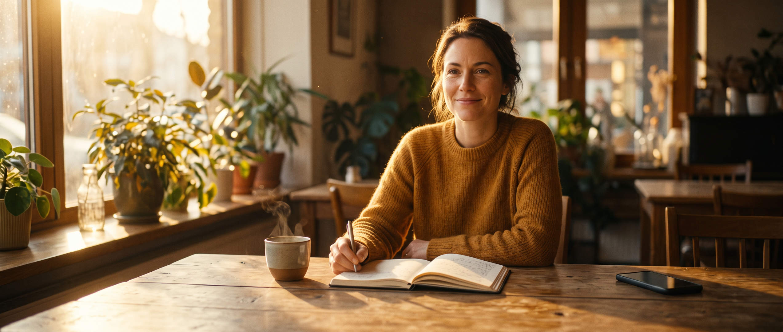 Eine Frau (Clara) sitzt an einem sonnigen Holztisch am sonnigen Fenster zu Hause. Vor ihr liegt ein aufgeschlagenes Notizbuch und ein Stift, daneben eine Tasse Kaffee.